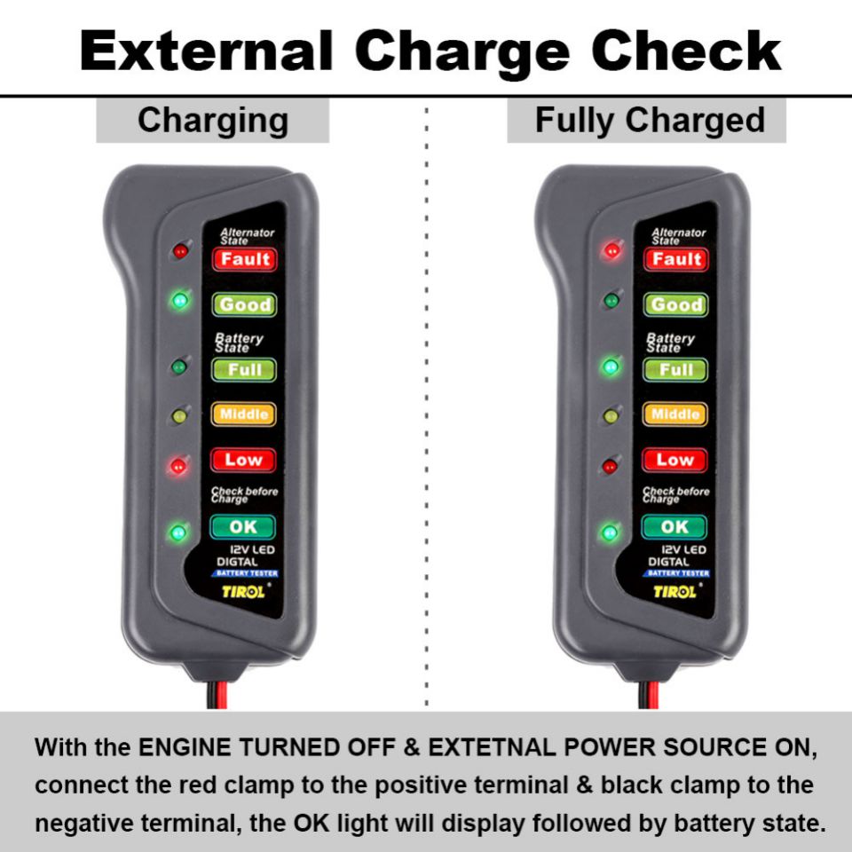 TIROL T16897 12V LED Digital Battery/Alternator Tester with 6 Led lights Display Indicates Condition