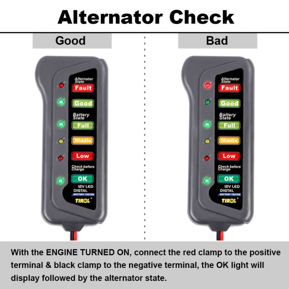 TIROL T16897 12V LED Digital Battery/Alternator Tester with 6 Led lights Display Indicates Condition