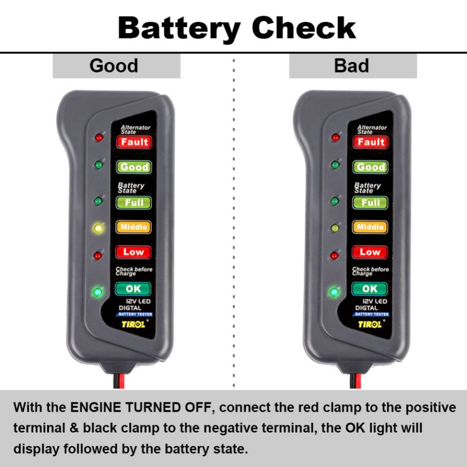 TIROL T16897 12V LED Digital Battery/Alternator Tester with 6 Led lights Display Indicates Condition