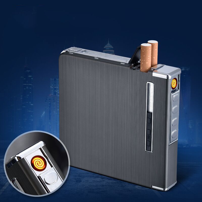 Thin Aluminum Automatic Ejection Metal Cigarette Case With USB Rechargeable Windproof Electric Lighters