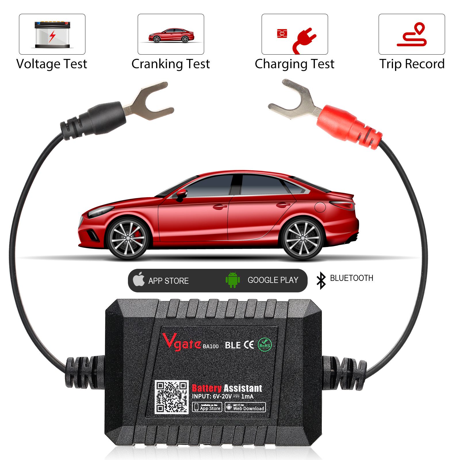 Vgate Battery Assistant BlueTooth 4.0 Wireless 6~20V Automotive Battery Load Tester Diagnositic Analyzer Monitor for Android & iOS