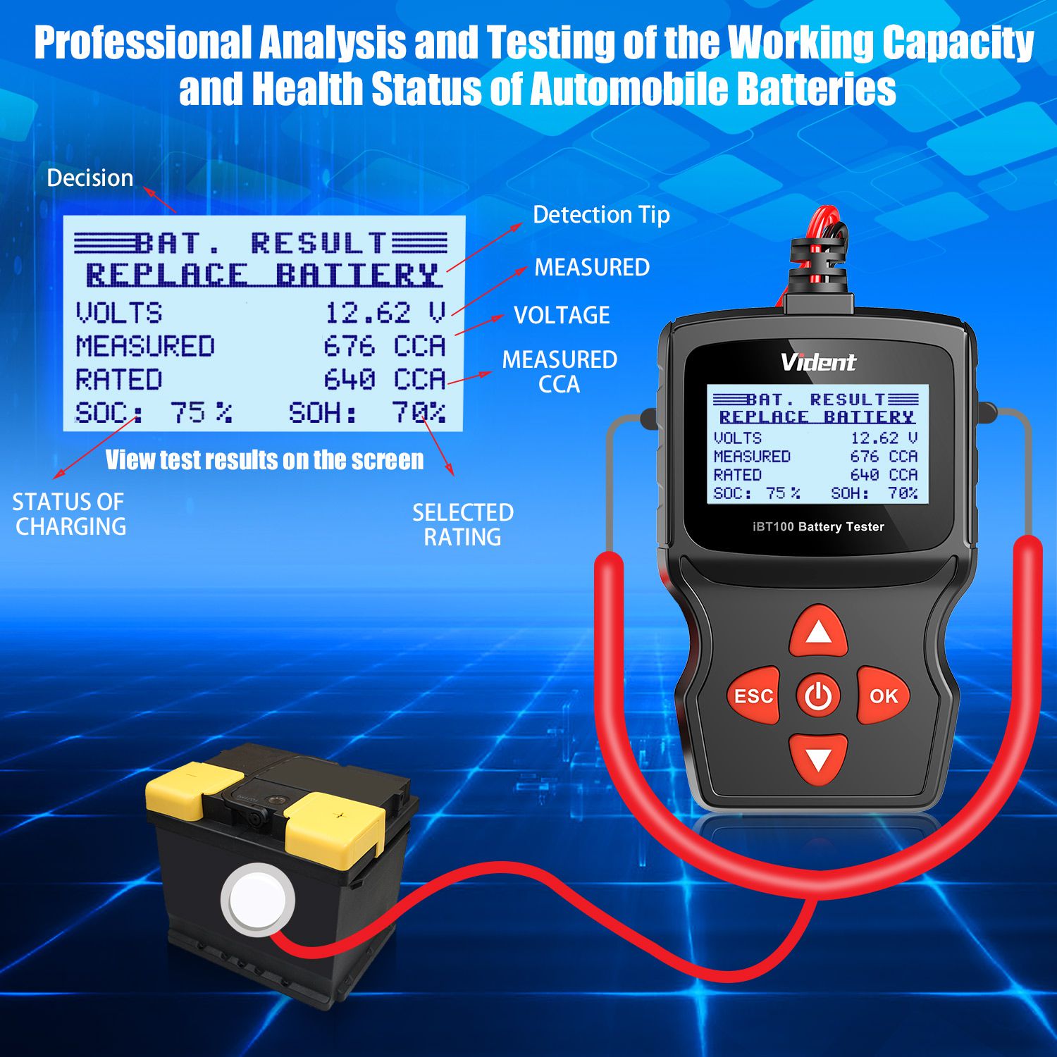  Vident iBT100 12V Battery Analyzer for Flooded, AGM,GEL 100-1100CCA Automotive Tester Diagnostic Tool