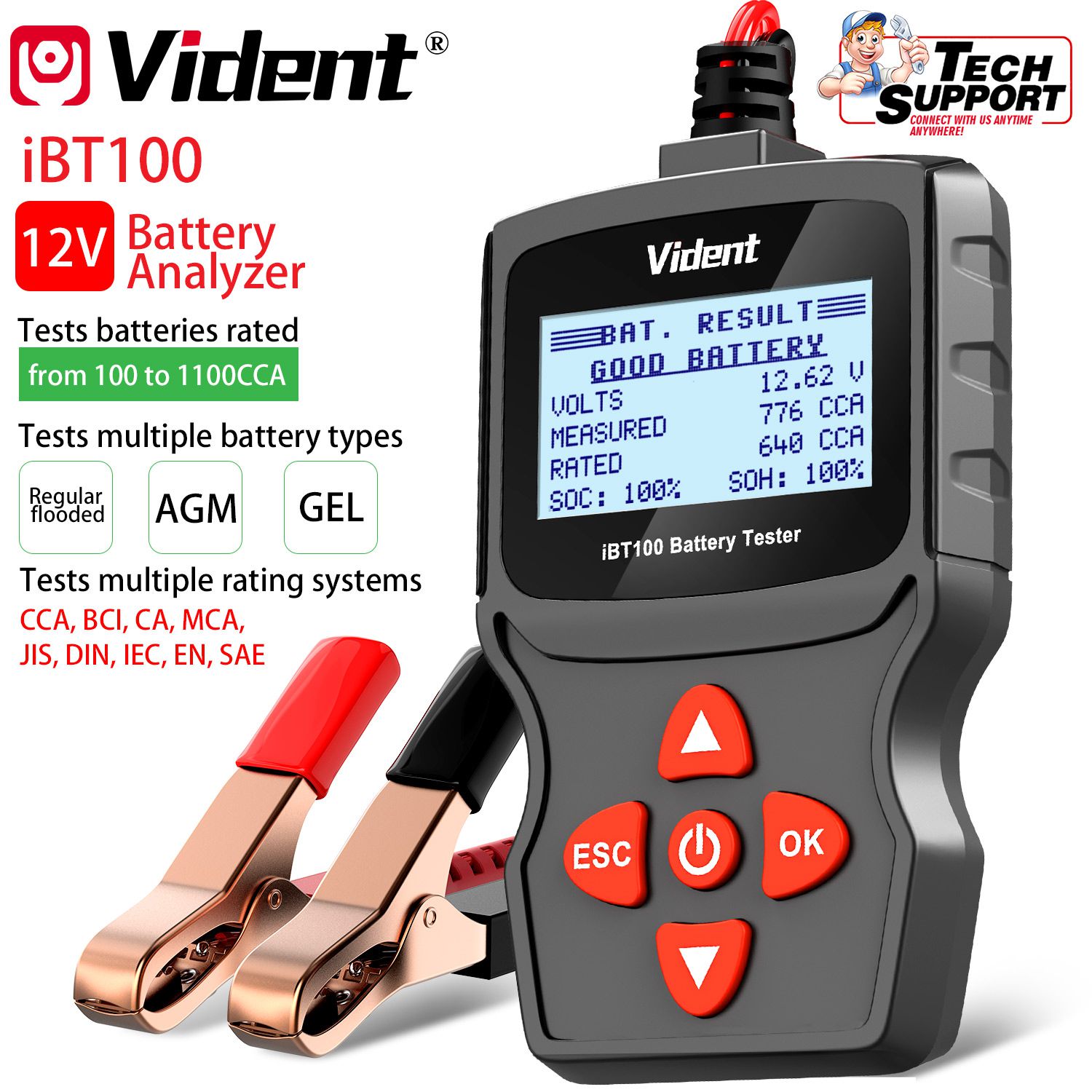  Vident iBT100 12V Battery Analyzer for Flooded, AGM,GEL 100-1100CCA Automotive Tester Diagnostic Tool