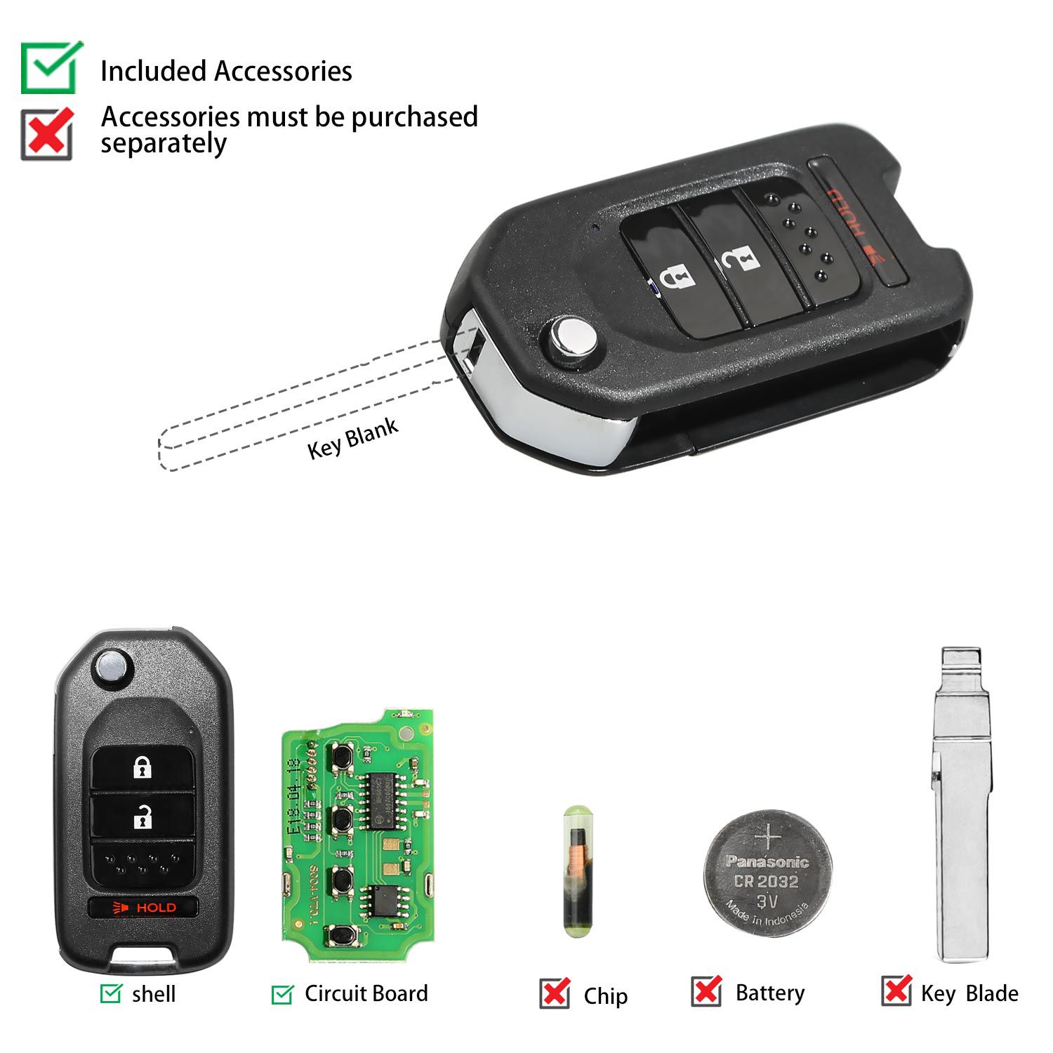 Xhorse XKHO02EN Wire Remote Key Honda Flip 2+1 Buttons English Version 5pcs/lot