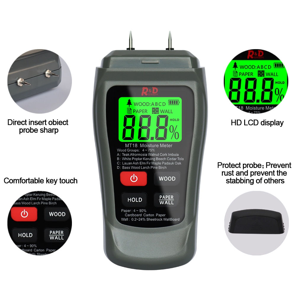 NEW MT-18 Grey 0-99.9% Two Pins Digital Wood Moisture Meter Paper Humidity Tester Wall Hygrometer Timber Damp Detector