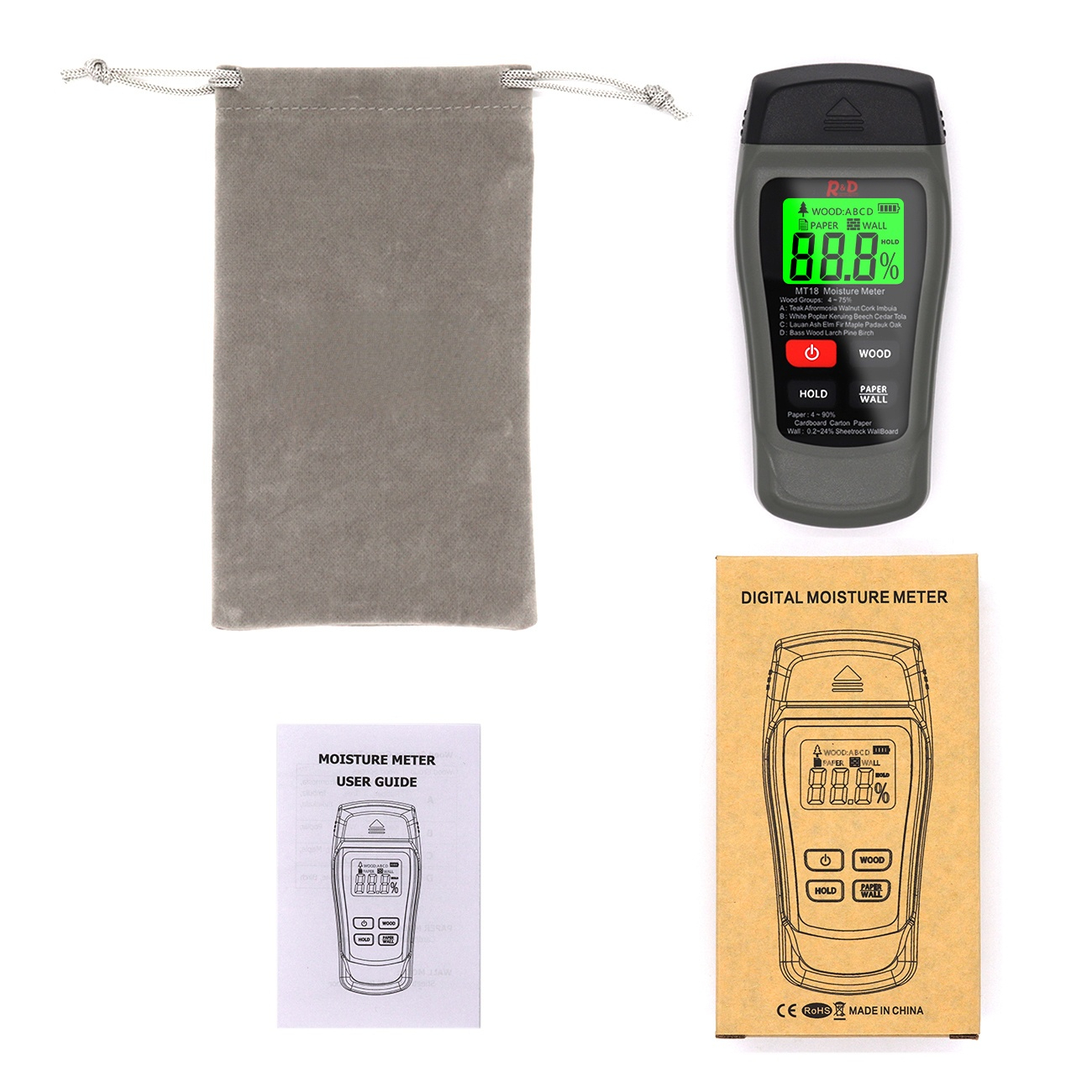 NEW MT-18 Grey 0-99.9% Two Pins Digital Wood Moisture Meter Paper Humidity Tester Wall Hygrometer Timber Damp Detector
