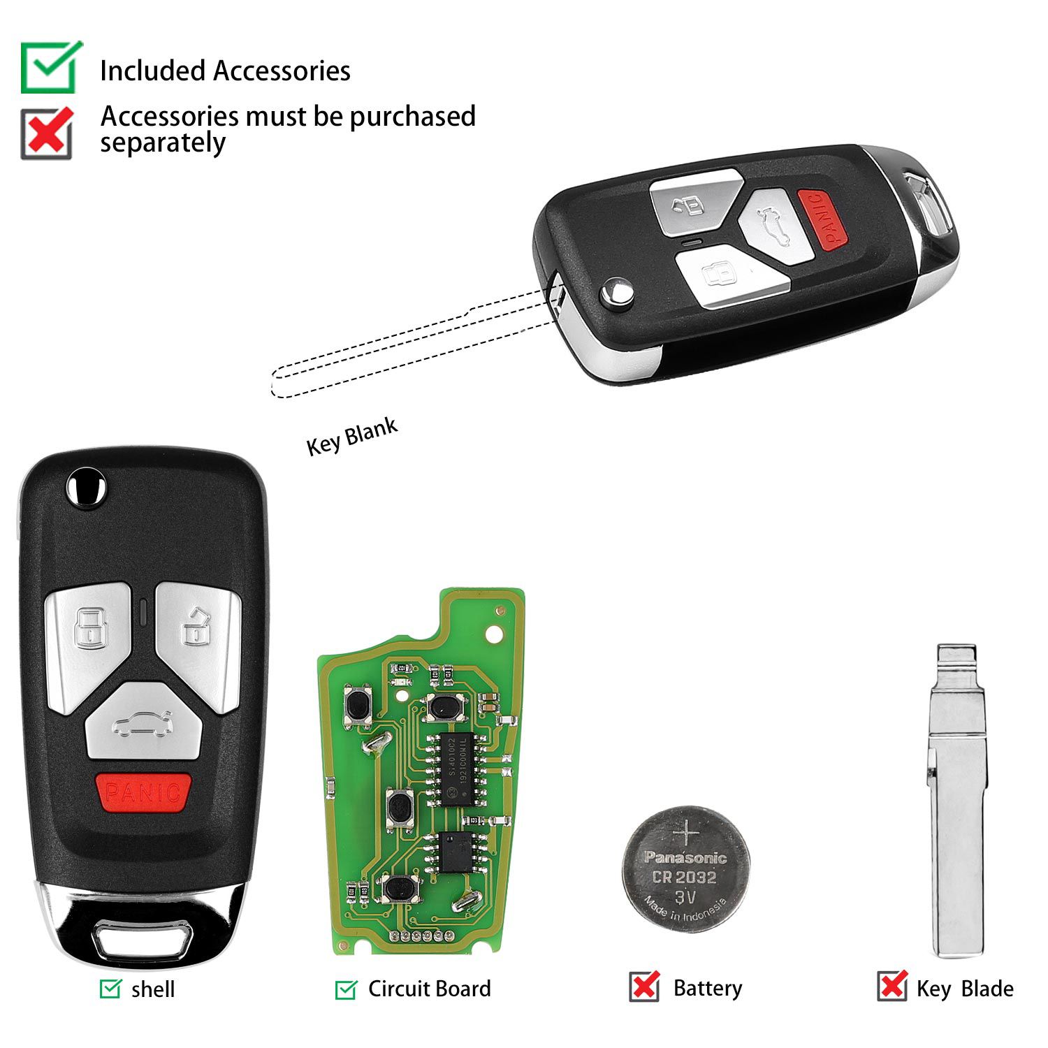 Xhorse XKAU02EN Wire Remote Filp Key for Audi Type 3+Panic 5pcs/lot