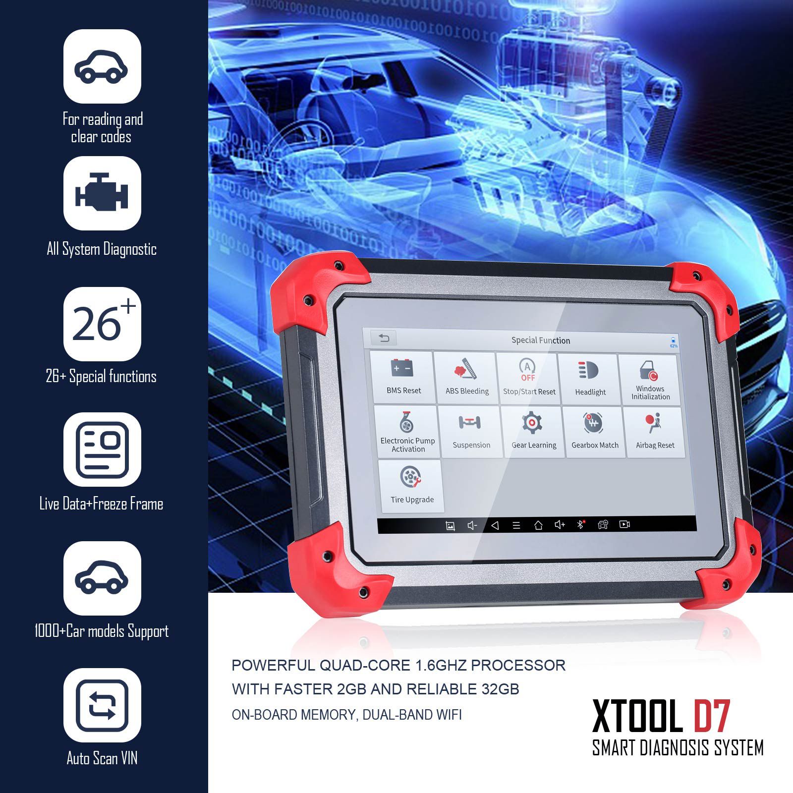 XTOOL D7 Automotive Diagnostic Tool Bi-Directional Scan Tool Support OE-Level Full Diagnosis with 26+ Services IMMO/Key Programming ABS Bleeding