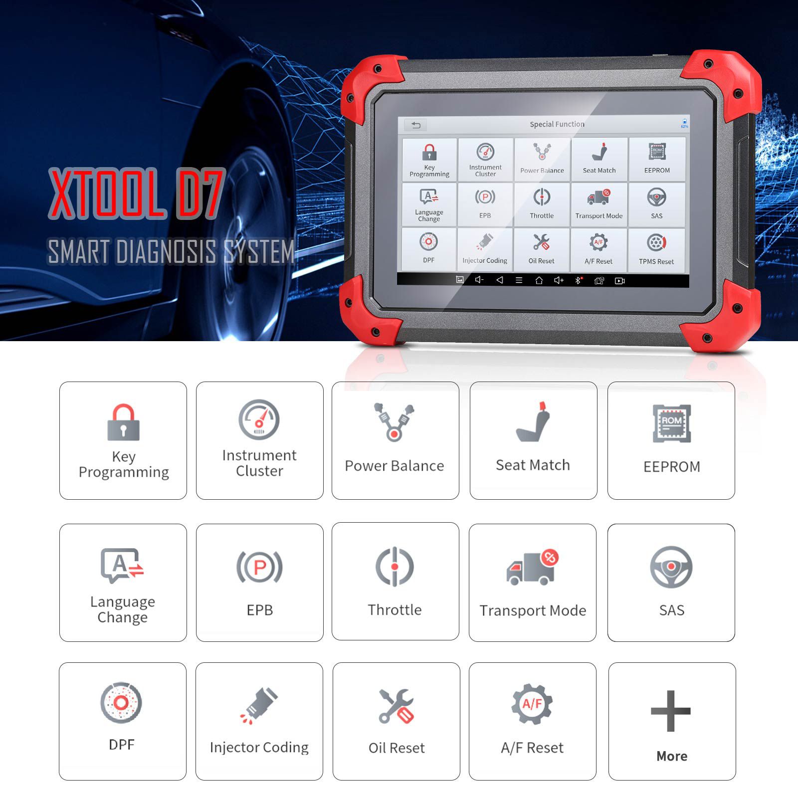 XTOOL D7 Automotive Diagnostic Tool Bi-Directional Scan Tool Support OE-Level Full Diagnosis with 26+ Services IMMO/Key Programming ABS Bleeding