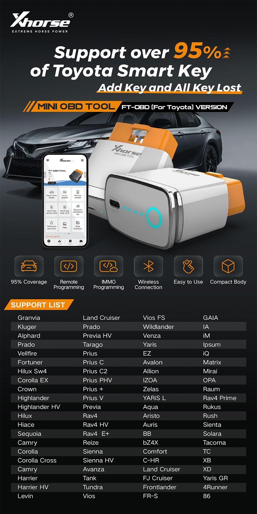 Xhorse MINI OBD TOOL FT-OBD for Toyota Smart Key Support Add Key and All Key Lost